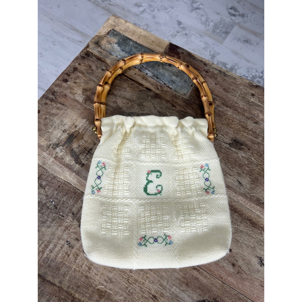 Vintage Woven Monogram E Bamboo Handle Handbag Cream Floral Embroidery Bag